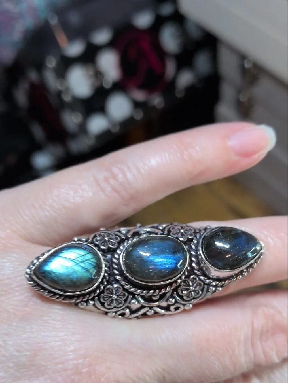 Sterling Silver Labradorite Triple Stone Statement Ring - Blue
